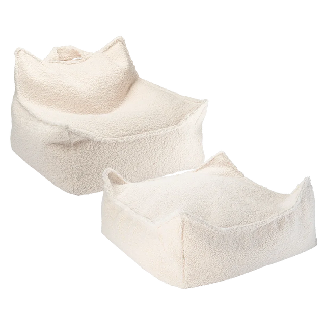 Silla de bolsa de frijoles blancos crema y set otomano