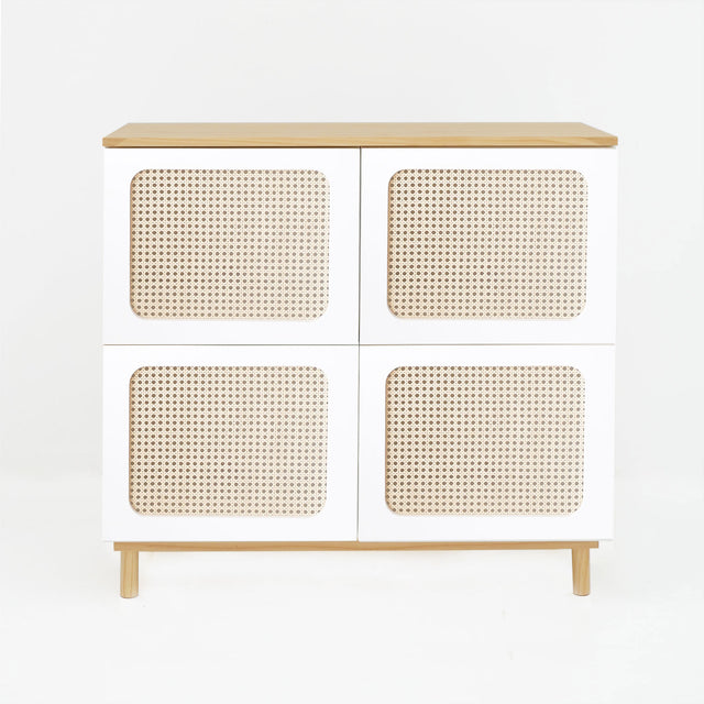 Vista frontal Aparador Nolla 100 cm Rejilla blanco Curvy 4 puertas rejilla tapa madera barnizada patas madera Slowdeco