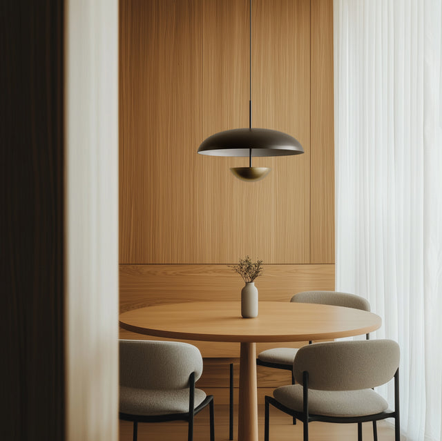 Vista frontal Lámpara colgante Ell con cúpula en color negro mate y difusor en color oro mate Aromas del Campo Slowdeco