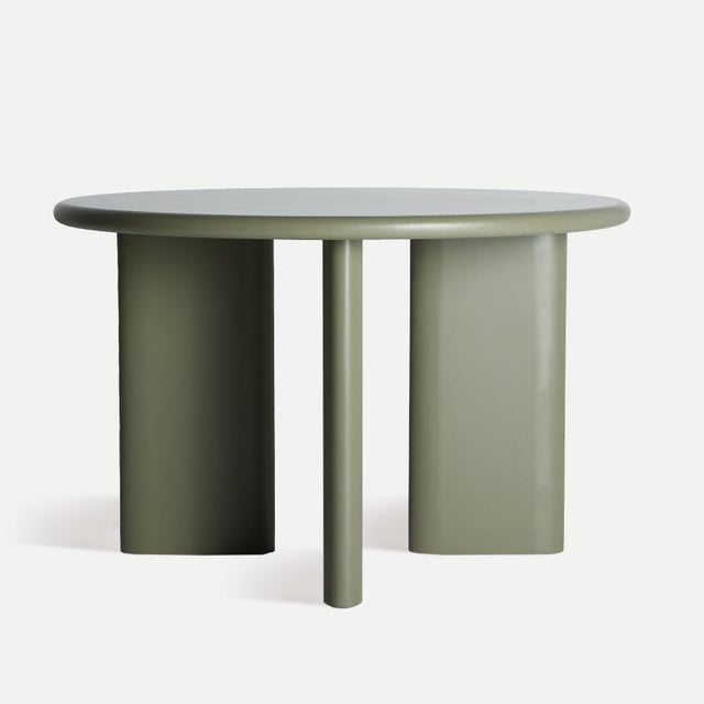 Vista frontal Mesa de Comedor Redonda Morlac diámetro 120 cm madera DM verde mate Kodu Homedesign Slowdeco
