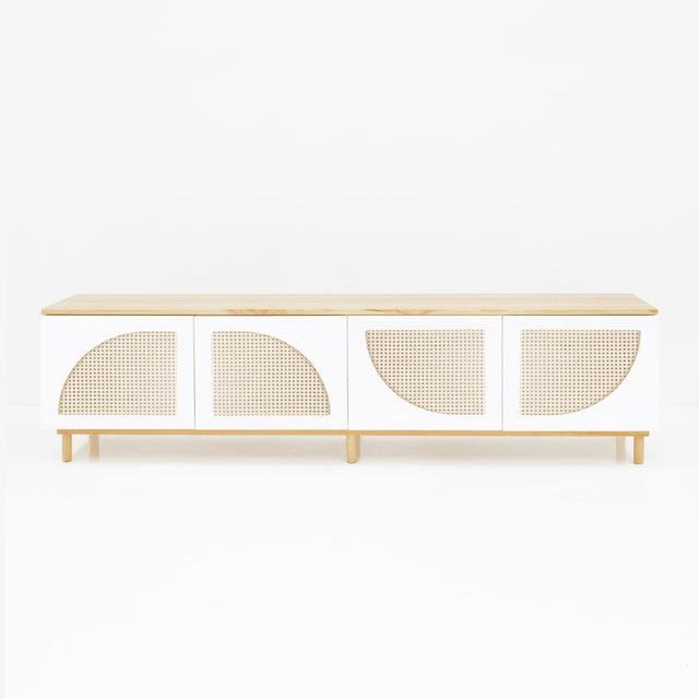 Vista frontal Mueble TV Nolla 200 cm Blanco curvy #61 4 puertas rejilla soporte patas madera Slowdeco