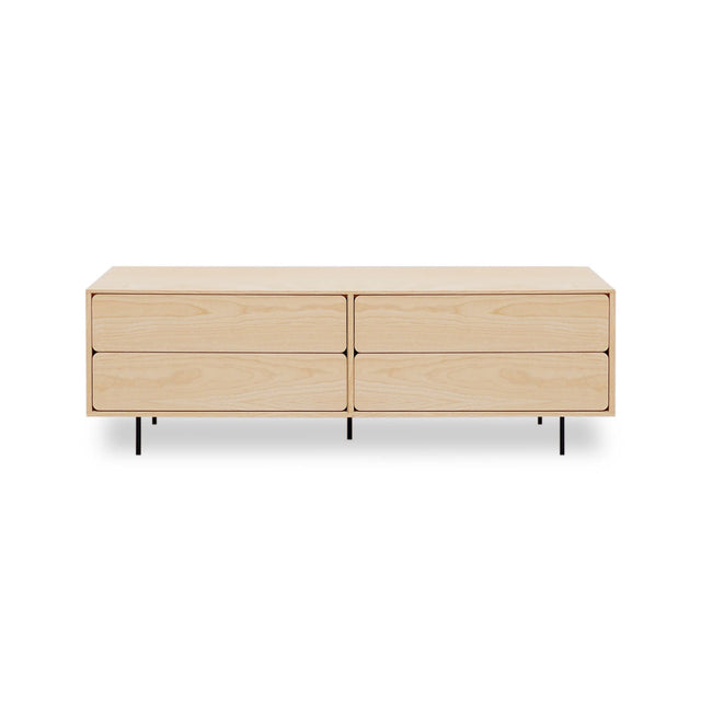 Vista frontal Mueble TV Penxat 160 cm Natural Nórdico 4 cajones patas metálicas Slowdeco