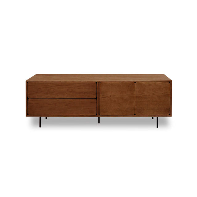 Vista frontal Mueble TV Penxat 160 cm Personalizado Nogal 2 puertas 2 cajones patas metal Slowdeco