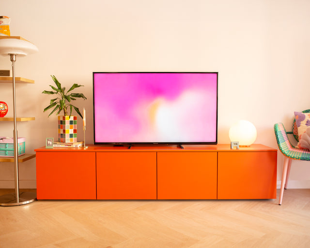 Vista frontal Mueble de TV 200 cm Nolla Naranja Teja Apoyado suelo niveladores salón comedor Slowdeco