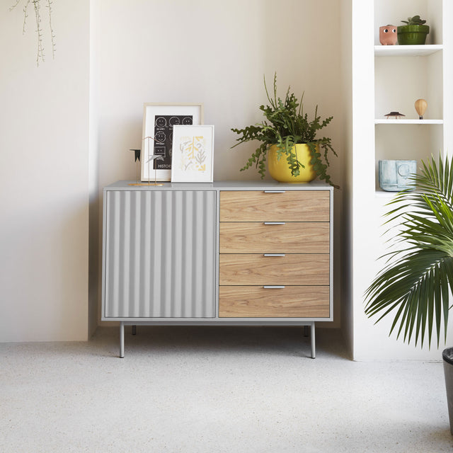 Vista frontal aparador Sierra 108 cm Gris Roble comedor salón Slowdeco