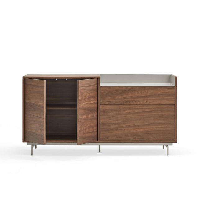 Vista frontal aparador Valley 150 cm Nogal piezas metálicas Gris Claro puerta abierta Slowdeco