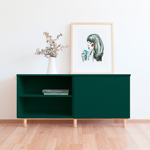 Vista frontal mueble Auxiliar Nolla 100 cm Verde Musgo 1 puerta 1 balda patas madera maciza comedor pasillo Slowdeco