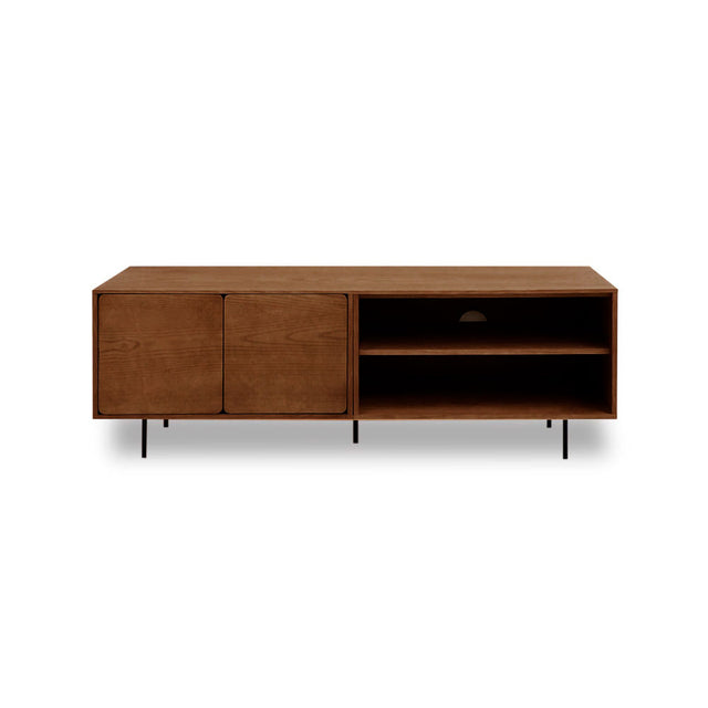 Vista frontal mueble TV 160 cm Penxat Nogal Personalizado 2 Puertas 1 Balda sobre patas metálicas Slowdeco