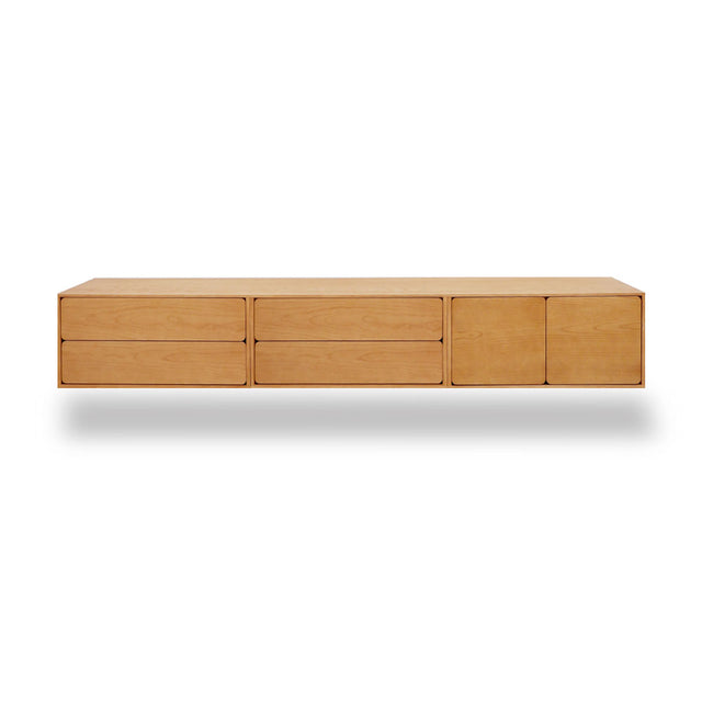 Vista frontal mueble de TV 240 cm Penxat Roble Natural 4 cajones 2 puertas colgado pared Slowdeco