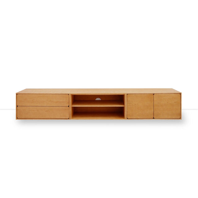 Vista frontal mueble de TV 240 cm Penxat Roble Natural Personalizado 2 Puertas 1 Balda 2 cajones apoyado suelo niveladores Slowdeco