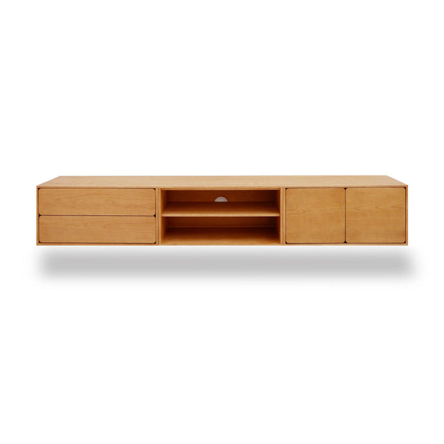 Vista frontal mueble de TV 240 cm Penxat Roble Natural Personalizado 2 Puertas 1 Balda 2 cajones colgado pared Slowdeco