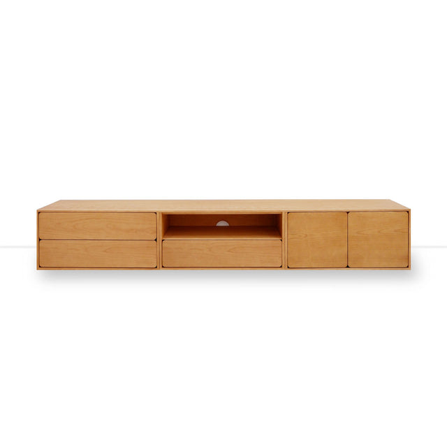 Vista frontal mueble de TV 240 cm Penxat Roble Natural Personalizado 2 Puertas 3 cajones colgado pared Slowdeco