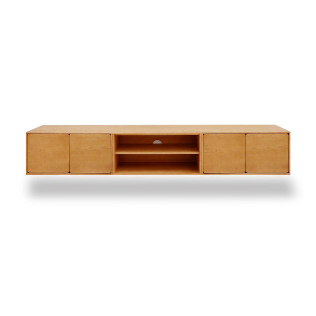 Vista frontal mueble de TV 240 cm Penxat Roble Natural Personalizado 4 Puertas 1 Balda colgado pared Slowdeco
