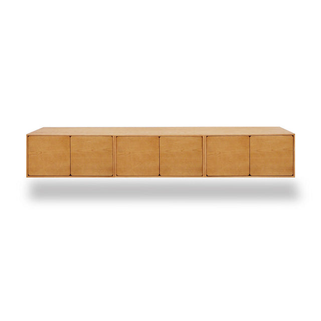 Vista frontal mueble de TV 240 cm Penxat Roble Natural Personalizado 6 Puertas colgado pared Slowdeco