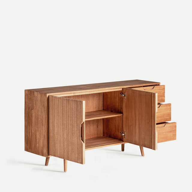 Vista lateral Aparador Moss 160 madera de mindi 2 puertas y 3 cajones abiertos Kodu Homedesign Slowdeco