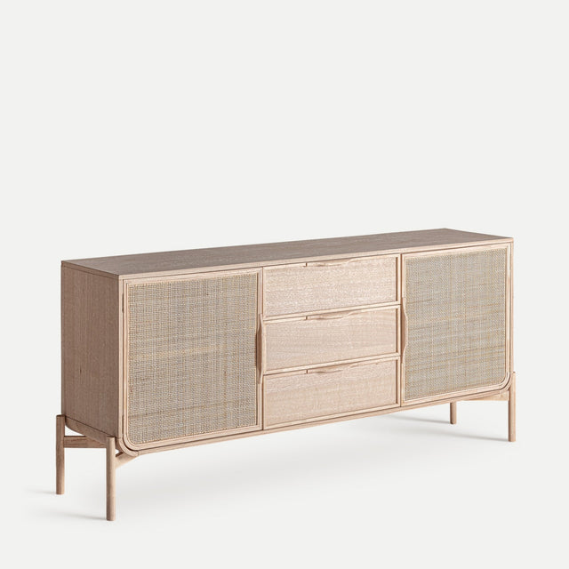 Vista lateral Aparador Weurtz 180 cm Madera de fresno en color marrón claro combinado con ratán Kodu Homedesign Slowdeco