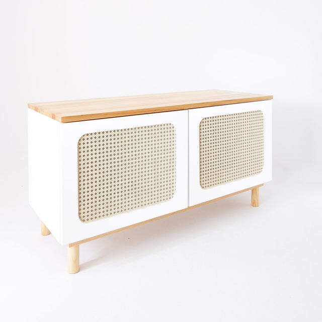 Vista lateral Mueble Auxiliar Nolla 100 cm Blanco Rejilla 2 puertas rejilla rectangular tapa madera barnizada patas madera maciza Slowdeco