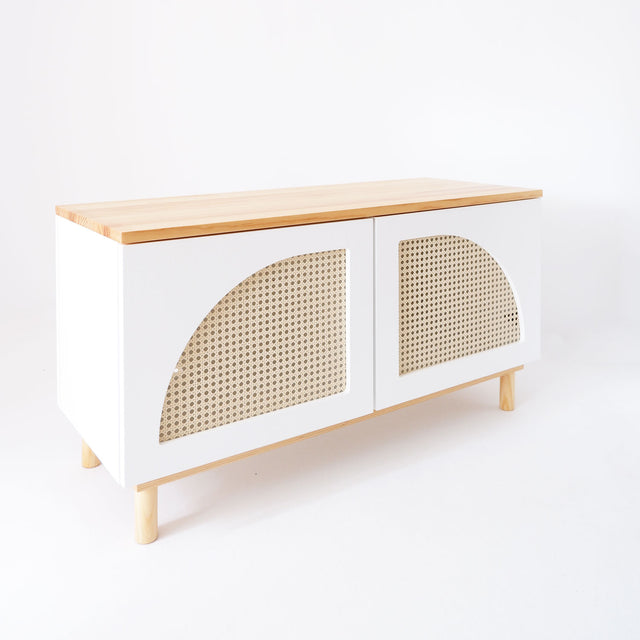 Vista lateral Mueble Auxiliar Nolla 100 cm Rejilla Curvy #70 2 puertas tapa madera barnizada patas madera maciza Slowdeco