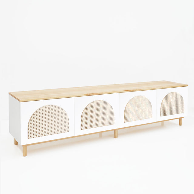 Vista lateral Mueble TV Nolla 200 cm Blanco Curvy #62 4 puertas rejilla patas de madera Slowdeco