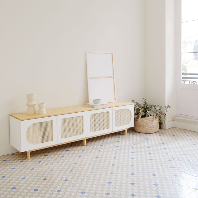 Vista lateral Mueble TV Nolla 200 cm Blanco Curvy #92 4 puertas rejilla apoyado patas madera comedor Slowdeco