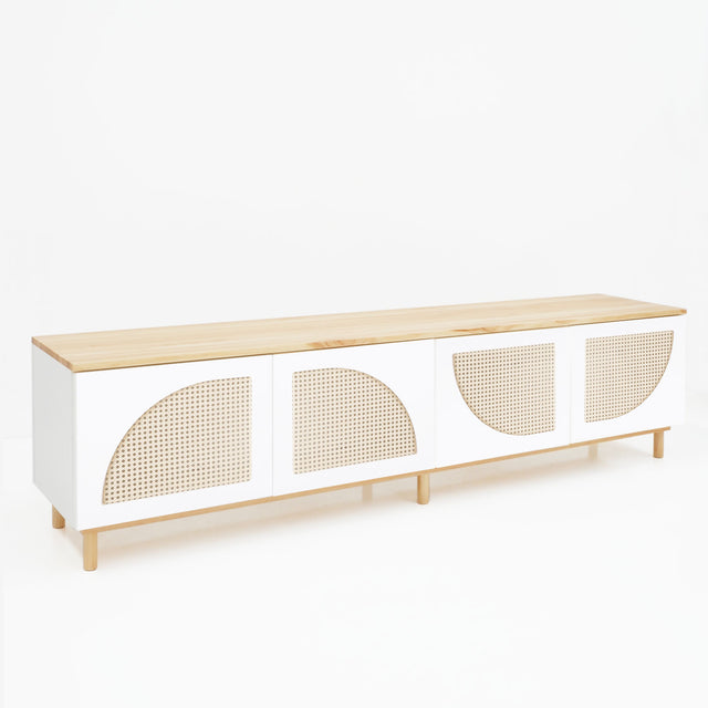 Vista lateral Mueble TV Nolla 200 cm Blanco curvy #61 4 puertas rejilla soporte patas madera Slowdeco