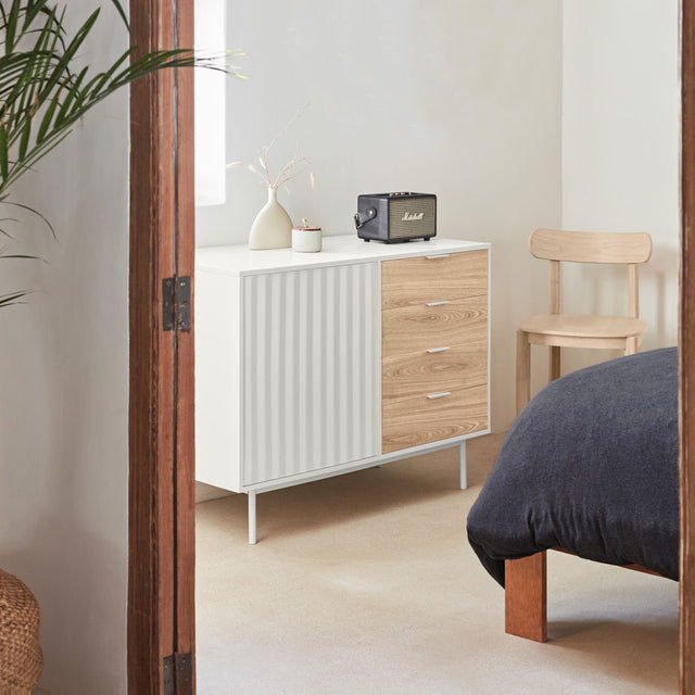 Vista lateral aparador Sierra 108 cm Blanco Roble dormitorio Slowdeco