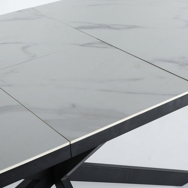 Vista lateral detalle tapa Mesa de Comedor Extensible Rectangular Droux 180 - 220 cm con estructura de hierro y tapa en madera DM y cerámica Kodu Homedesign Slowdeco