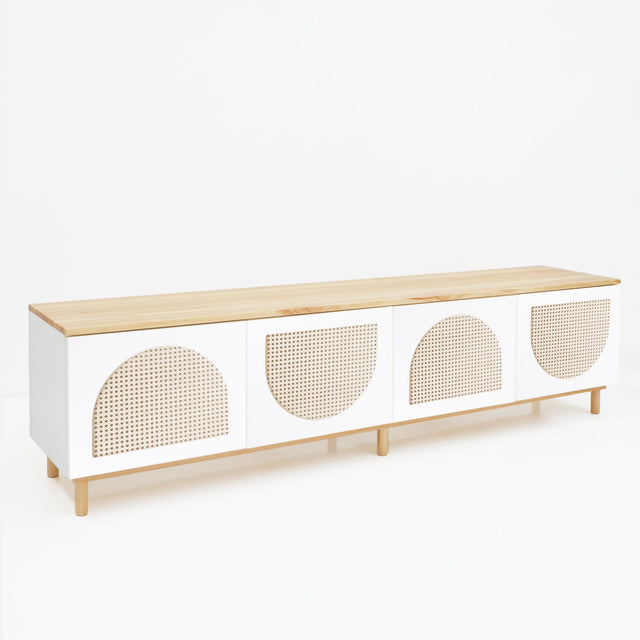 Vista lateral Mueble TV Nolla 200 cm curvy #60 4 puertas rejilla sobre patas madera Slowdeco