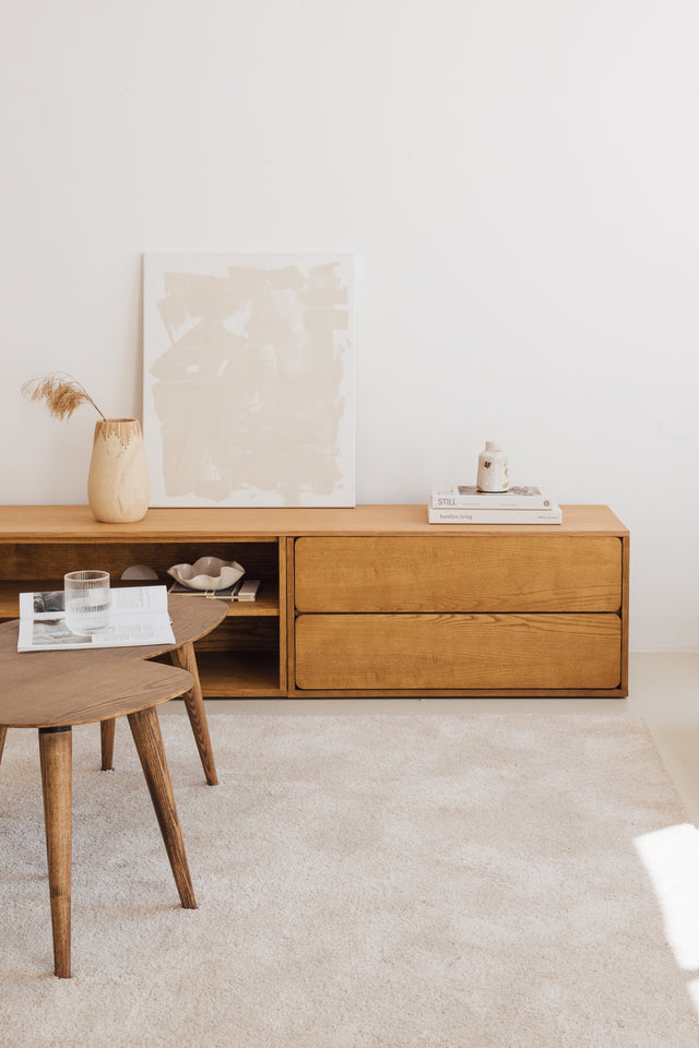 Mueble de TV 240 cm Penxat Roble Natural Personalizado 2 Cajones Balda Sin Puertas apoyado suelo niveladores comedor salón Slowdeco