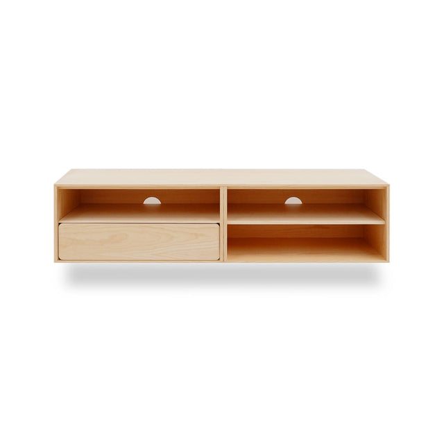 Vista frontal Mueble TV Penxat 160 cm Personalizado Natural Nórdico 1 cajón 2 baldas colgado pared Slowdeco