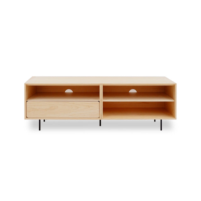 Vista frontal Mueble TV Penxat 160 cm Personalizado Natural Nórdico 1 cajón 2 baldas patas metal Slowdeco