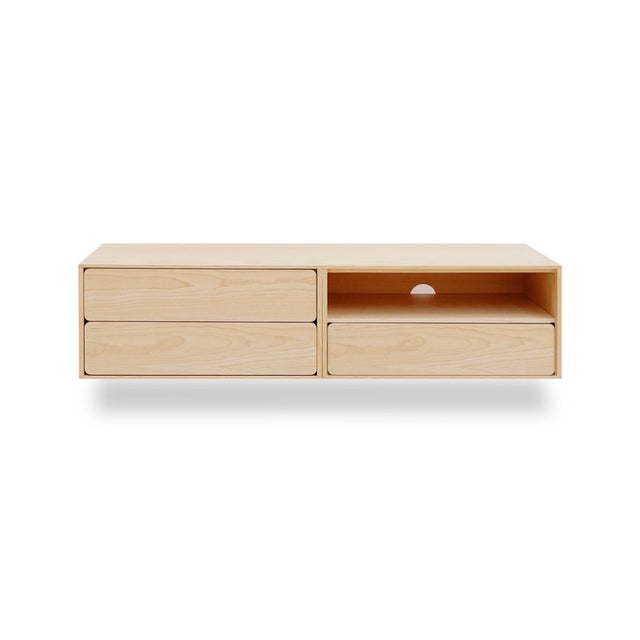 Vista frontal Mueble TV Penxat 160 cm Personalizado Natural Nórdico 3 cajones 1 balda colgado pared Slowdeco