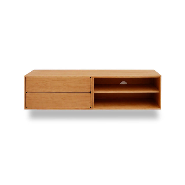 Vista frontal Mueble TV Penxat 160 cm Personalizado Roble Natural 2 cajones 1 balda colgado pared Slowdeco