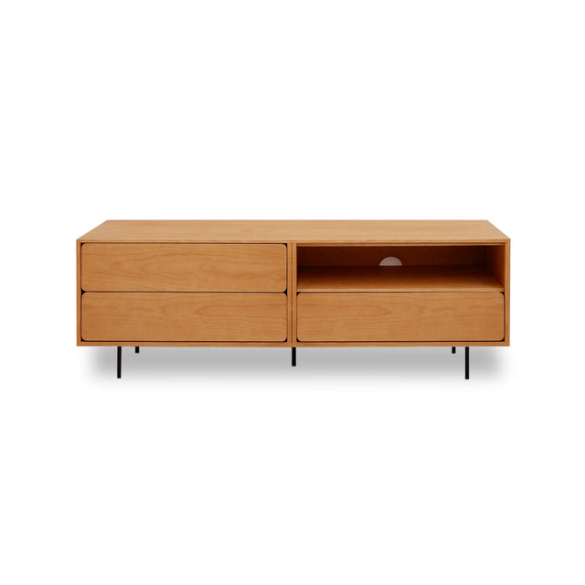 Vista frontal Mueble TV Penxat 160 cm Personalizado Roble Natural 3 cajones 1 Balda patas metal Slowdeco