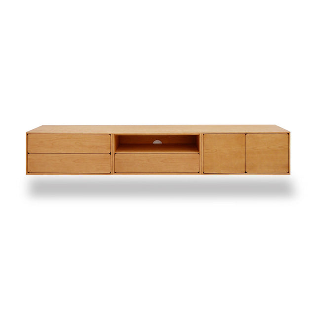 Vista frontal mueble de TV 240 cm Penxat Roble Natural Personalizado 3 Cajones Balda 2 Puertas colgado pared Slowdeco