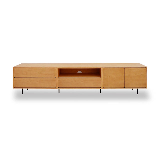 Vista frontal mueble de TV 240 cm Penxat Roble Natural Personalizado 3 Cajones Balda 2 Puertas patas metálicas Slowdeco