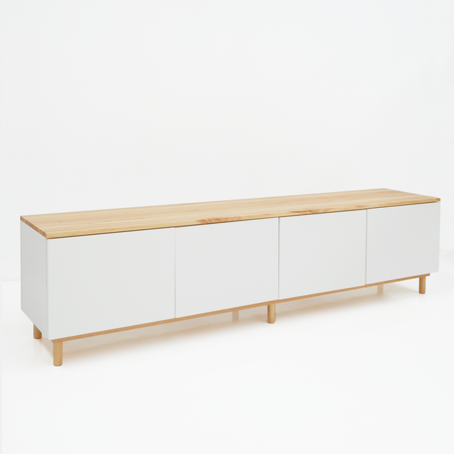 Vista lateral Mueble TV Nolla 200 cm Blanco Natural 4 puertas con pata madera Slowdeco