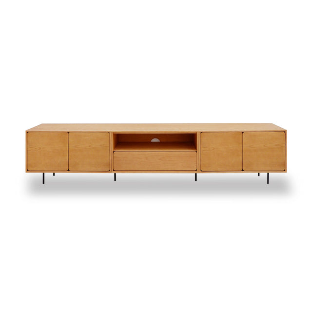 Mueble de TV de 240cm personalizado Roble Natural Puerta Abatible / Cajón Extraible / Puerta Abatible Apoyado sobre patas de acero Slowdeco