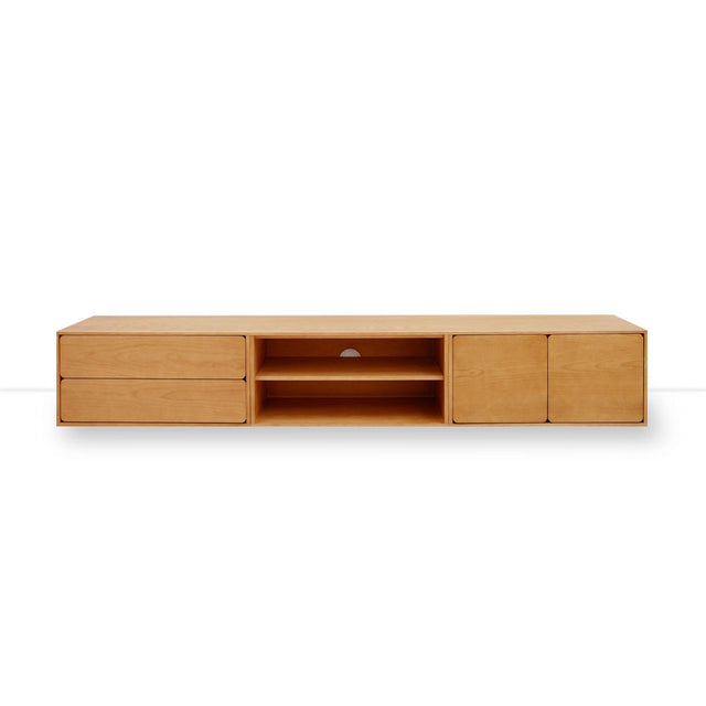 Mueble de TV de 240cm personalizado Roble Natural Cajones Extraíbles / Sin Puerta / Puerta Abatible Apoyado a suelo-con niveladores Slowdeco