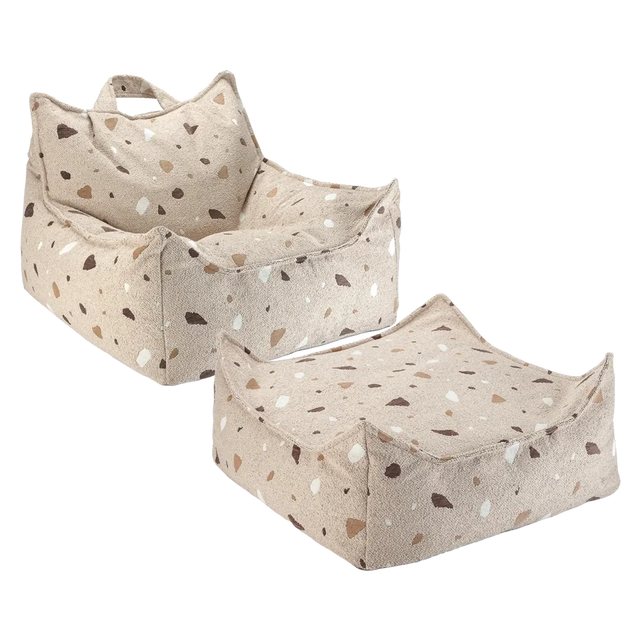 Silla de bolsa de frijoles de arena de terrazo y set otomano