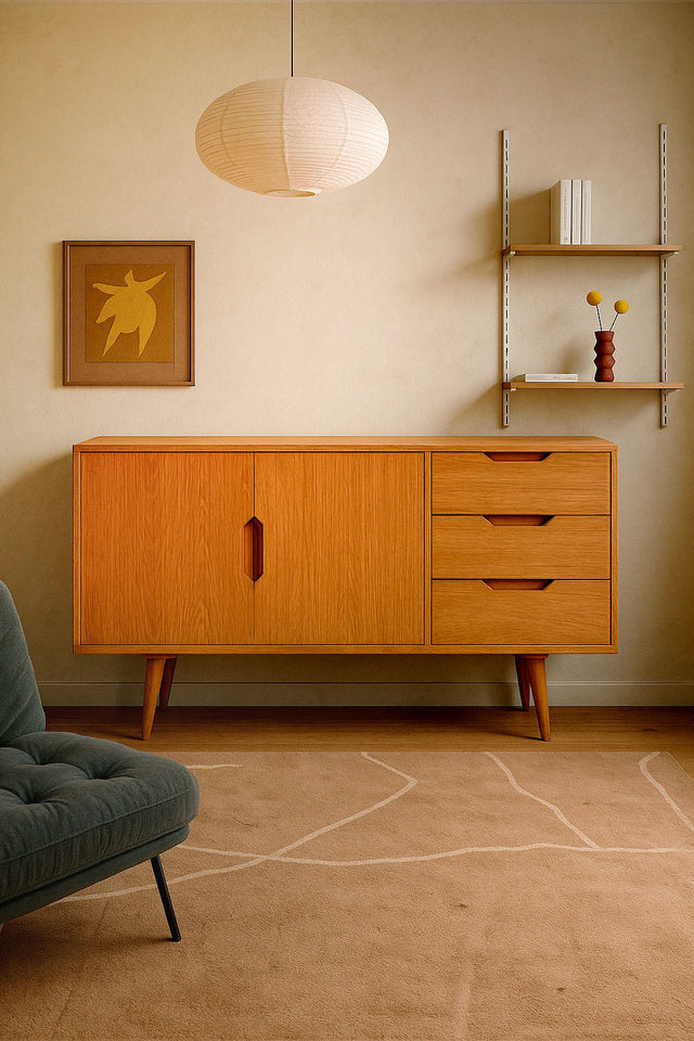 Vista frontal Aparador Moss 160 madera de mindi 2 puertas y 3 cajones comedor Kodu Homedesign Slowdeco