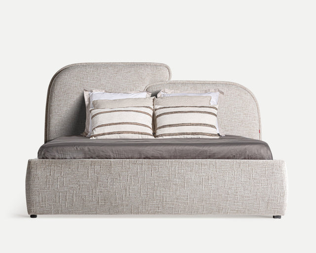 Vista frontal Cama Tapizada Verna Gris Jaspeado - Colchón 150 cm lamas de madera de pino Kodu Homedesign Slowdeco