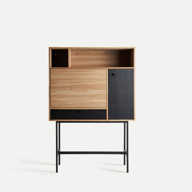 Vista frontal Mueble Auxiliar Gelle 95 cm Madera DM en color marrón claro combinado con hierro en color negro Kodu Homedesign Slowdeco