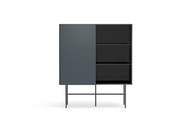 Vista frontal Mueble Auxiliar aparador Nube 120 cm estructura negra y puerta corredera gris antracita Teulat Slowdeco