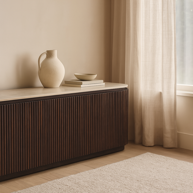 Vista frontal Mueble TV Verona 200 cm blanco y marrón Kodu Homedesign Slowdeco