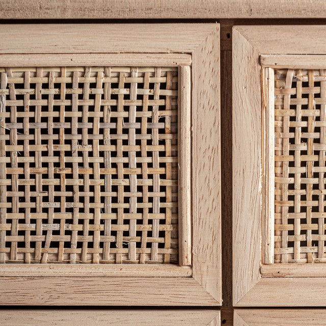 Vista frontal detalle cajones  Mueble TV Weurtz 170 cm Fresno & Ratán beige cajones Kodu Homedesign Slowdeco