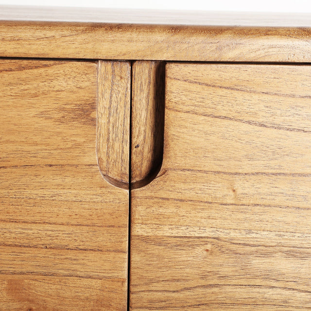 Vista frontal detalle puertas Mueble TV Slough 190 cm madera Mindi 4 puertas abiertas Kodu Homedesign Slowdeco