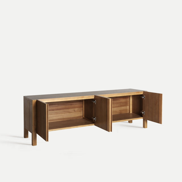 Vista frontal  puertas abiertas Mueble TV Copenhague 180 cm 4 puertas estriadas Kodu Homedesign Slowdeco