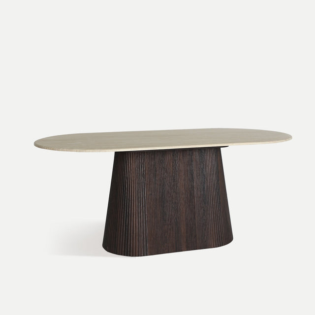 Vista lateral Mesa de Comedor Ovalada Verona 180 cm blanca marrón Kodu Homedesign Slowdeco