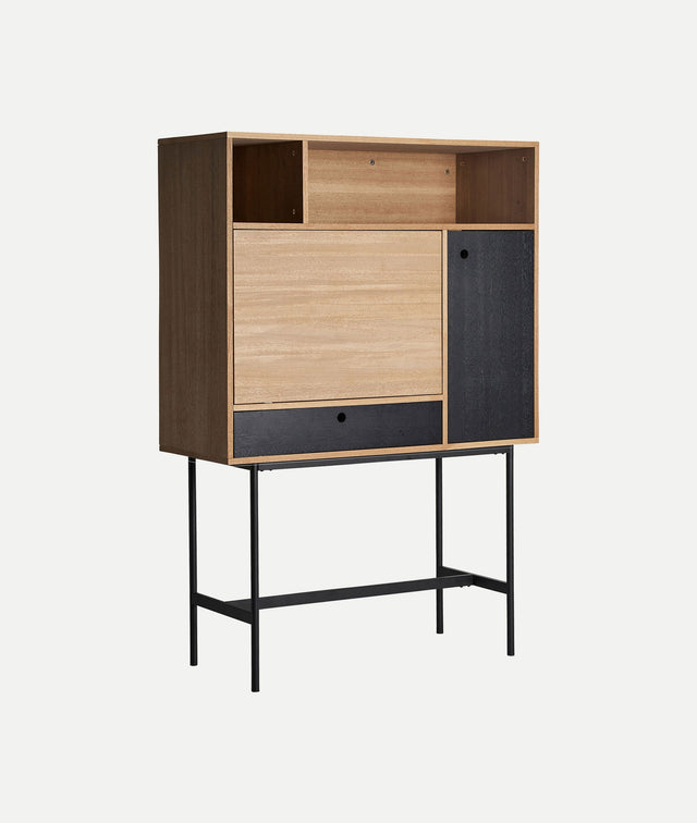 Vista lateral Mueble Auxiliar Gelle 95 cm Madera DM en color marrón claro combinado con hierro en color negro Kodu Homedesign Slowdeco